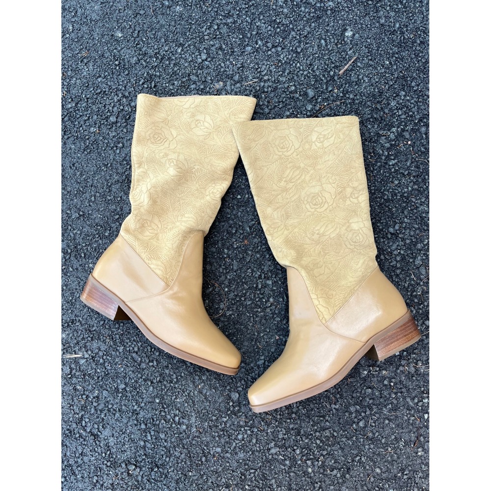 Markon Tan Leather Floral Embossed Square Toe Tall Boots Size 7.5W Brazil